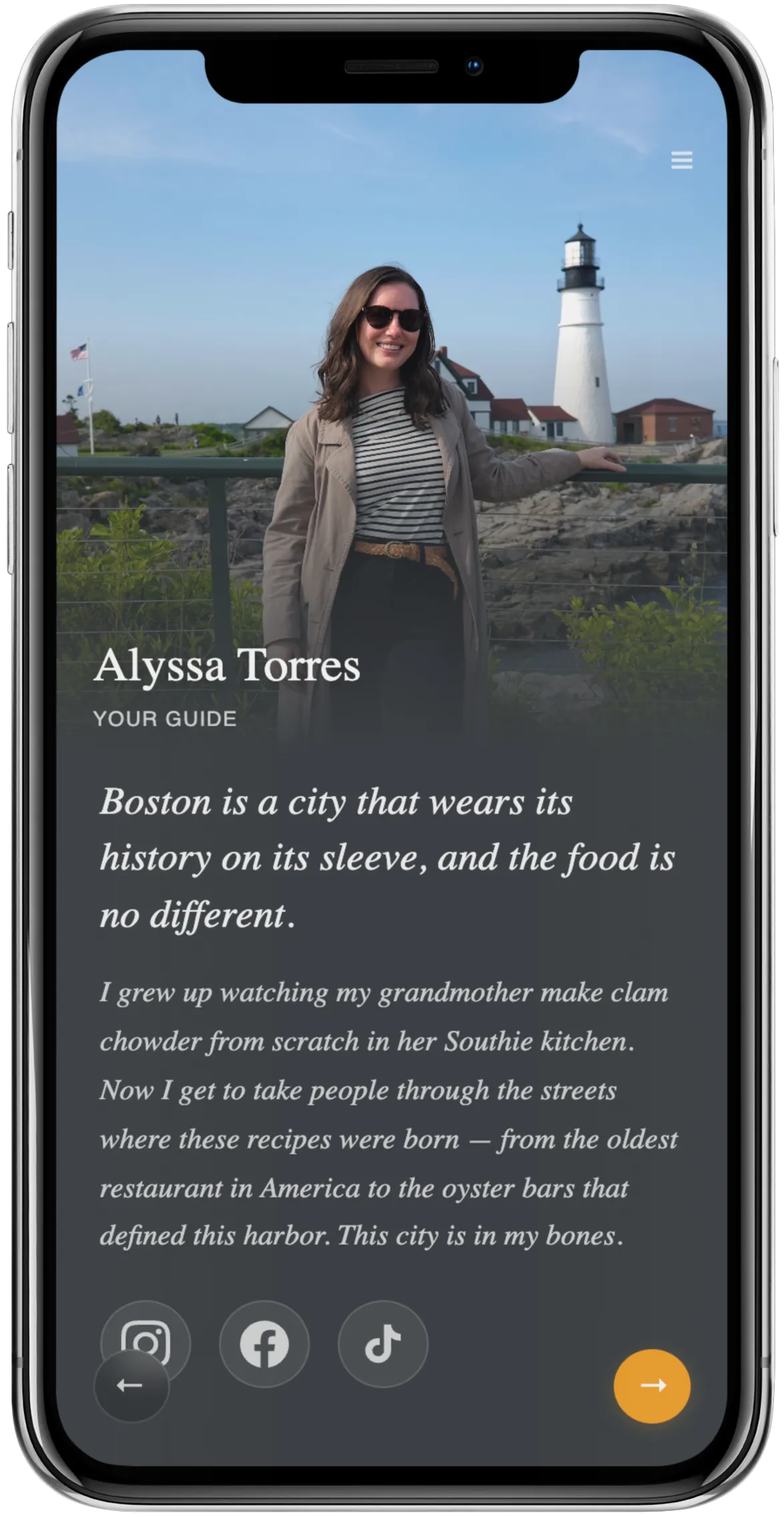 Tour guide profile with photo and social links