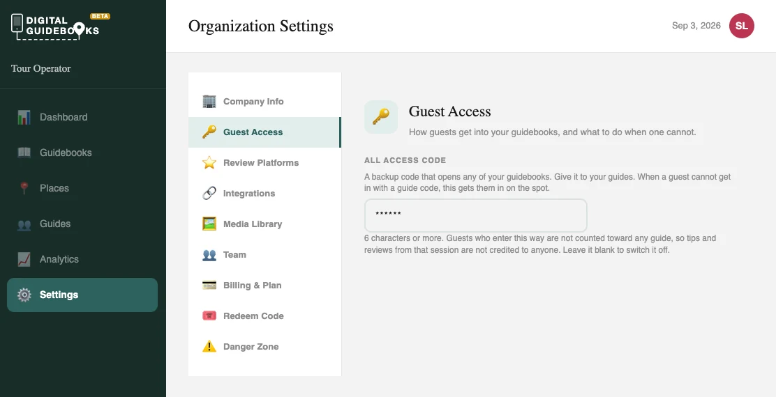 The Guest Access panel in Organization Settings, showing the all access code field with a note that guests who enter this way are not counted toward any guide